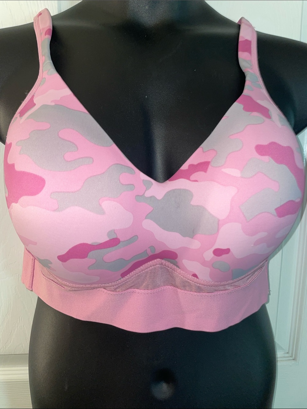 RHONDA SHEAR PINK/GRAY CAMO PADDED CUPS & STRAPS NO WIRE COMFORT SHAPED BRA XL.